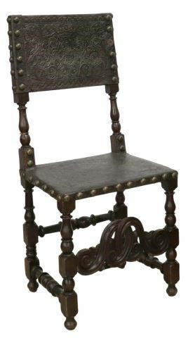 Baroque style leather side chair 19th c walnut frame having