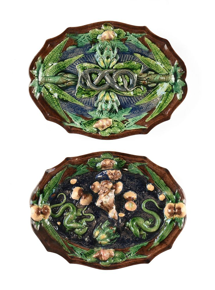 TWO PALISSY WARE FAIENCE PLATTERS REPTILE AND SHELLS FRENCH 19TH