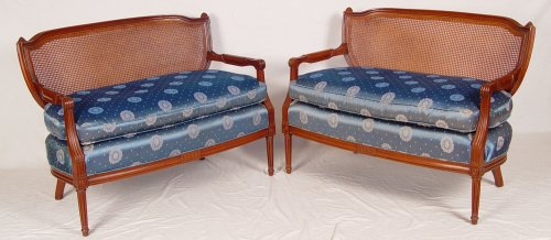 PAIR OF FRENCH STYLE CANED BACK SETTEES Shield back design