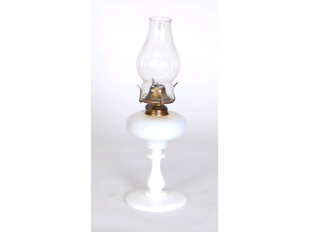 MILK GLASS OIL TABLE LAMP with clear glass chimney vase