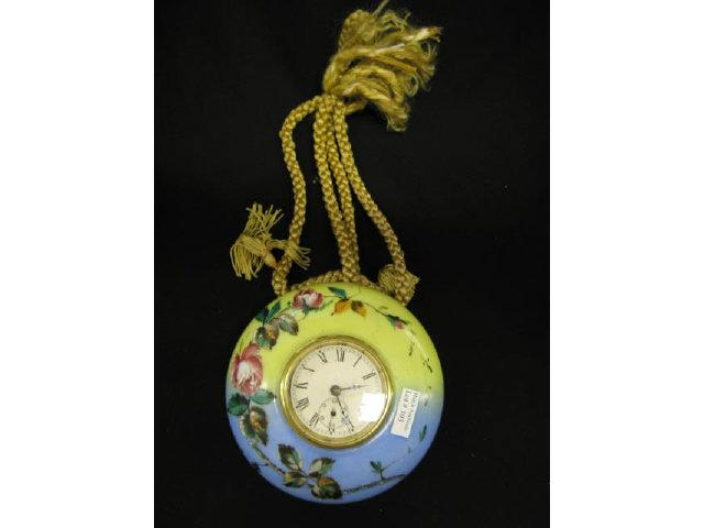 Victorian Art Glass Hanging Clock enameled floral 6 round case
