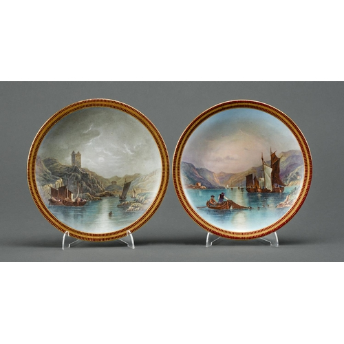 A pair of Crown Derby plates 1884 painted with fishing