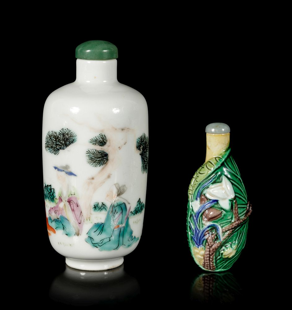 Two Porcelain Snuff Bottles Height of tallest overall 4 3