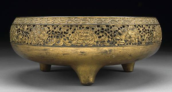 A gilt bronze footed censer 18th 19th Century Raised on