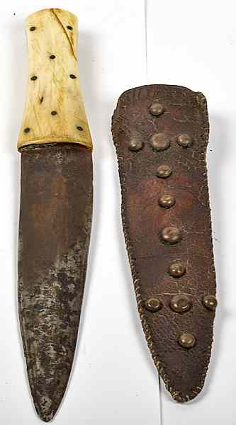 Reproduction Bone Handled Dag with Tacked Leather Sheath 7 5