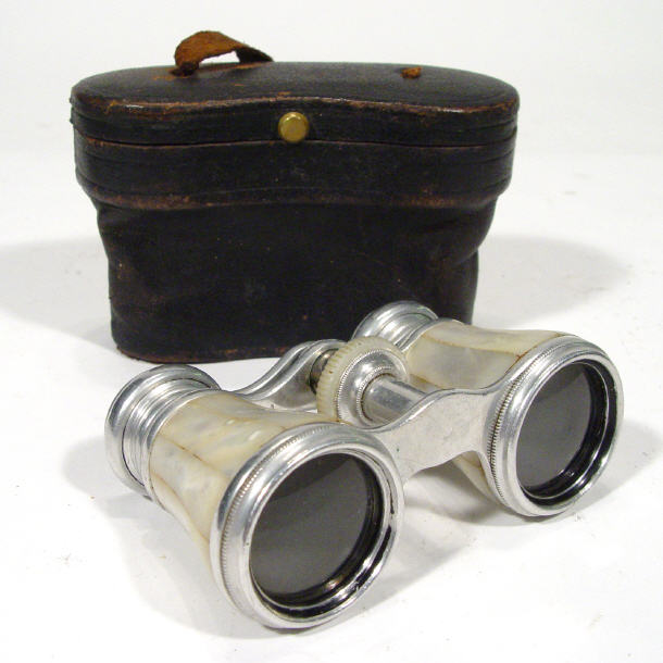 Pair of mother of pearl opera glasses in a leather