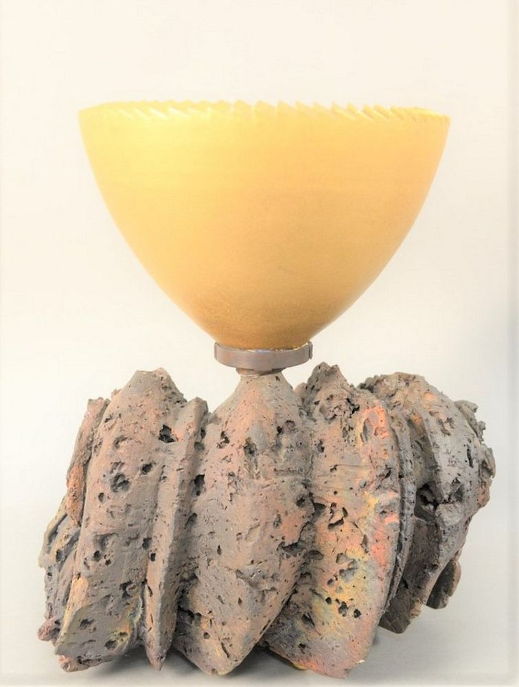 Adrian Saxe b 1943 gold bowl on Raku fired ceramic