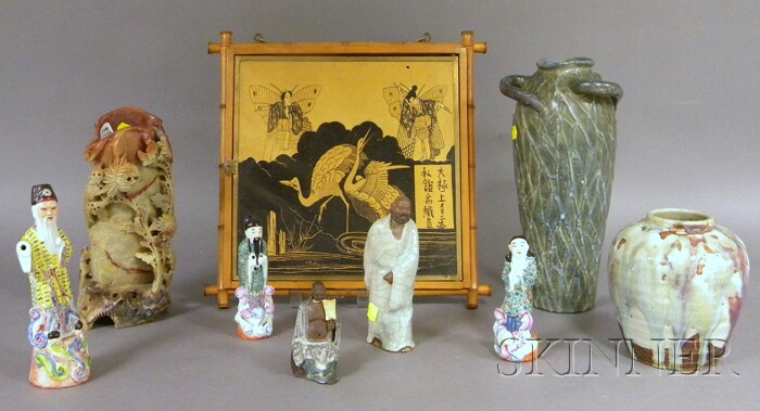 Eight Asian Decorative and Ceramic Items and an Amphora Iridescent