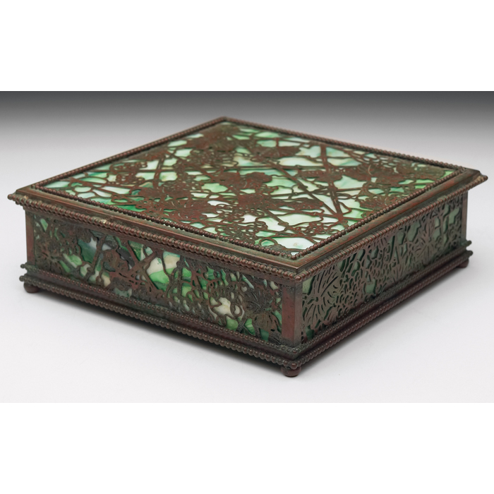 Tiffany Studios box bronze in thegrapevine pattern green and white
