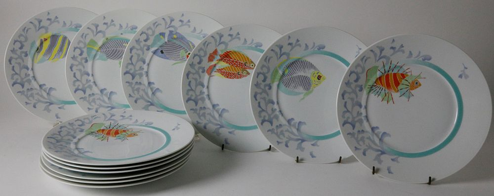 Set of Twelve Bernardaud Limoges Craibes Fish Dinner Plates Set