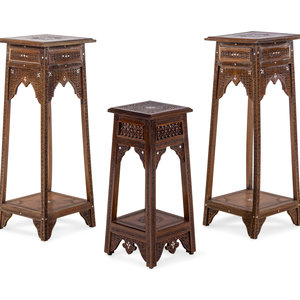 A Pair of Syrian Mother of Pearl Inlaid Walnut Pedestal
