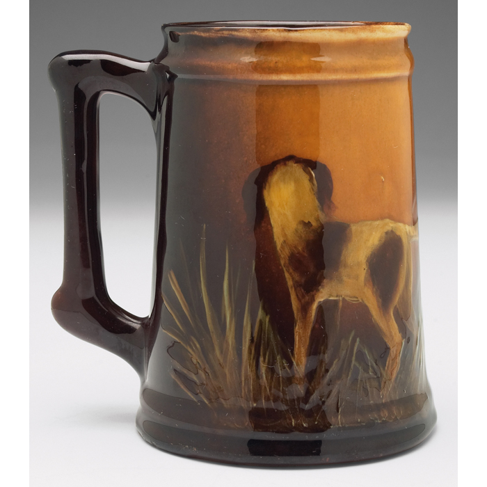 Owens Utopian handled vessel brownglaze with a dog artist initials