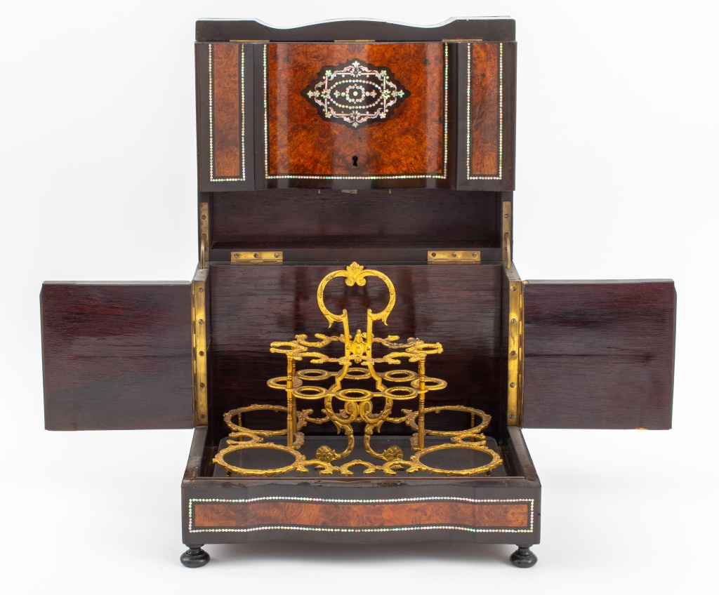 ABALONE INLAID BURLWOOD TANTALUS CHEST 19TH C Antique European likely