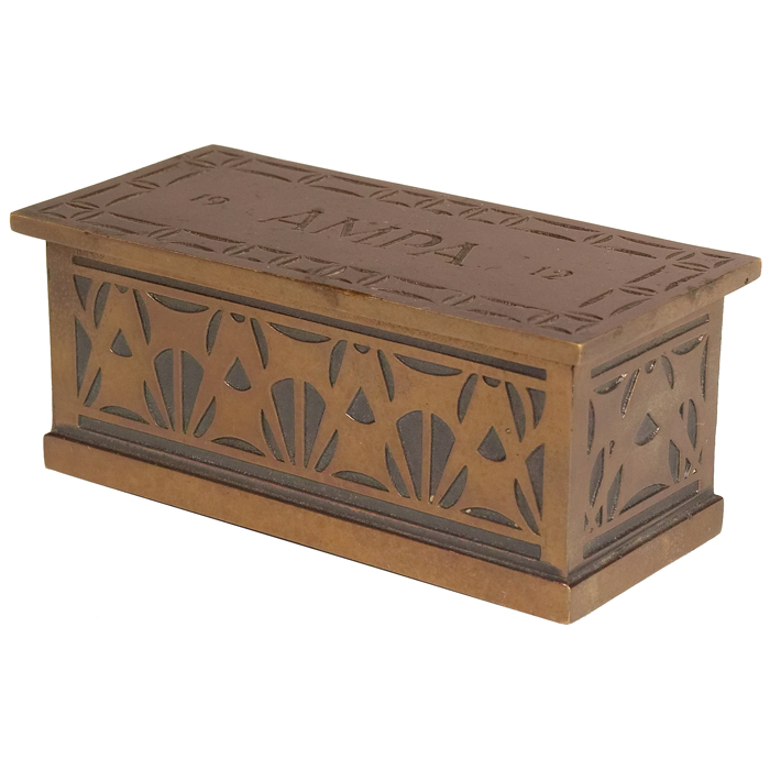 Jarvie stamp box in bronze designed by George G Elmslie