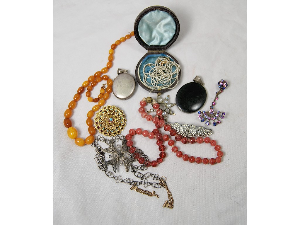 Collection of various items including white metal locket three row
