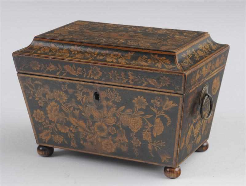 REGENCY PENWORK TEA CADDY The flat hinged top with chinoiserie