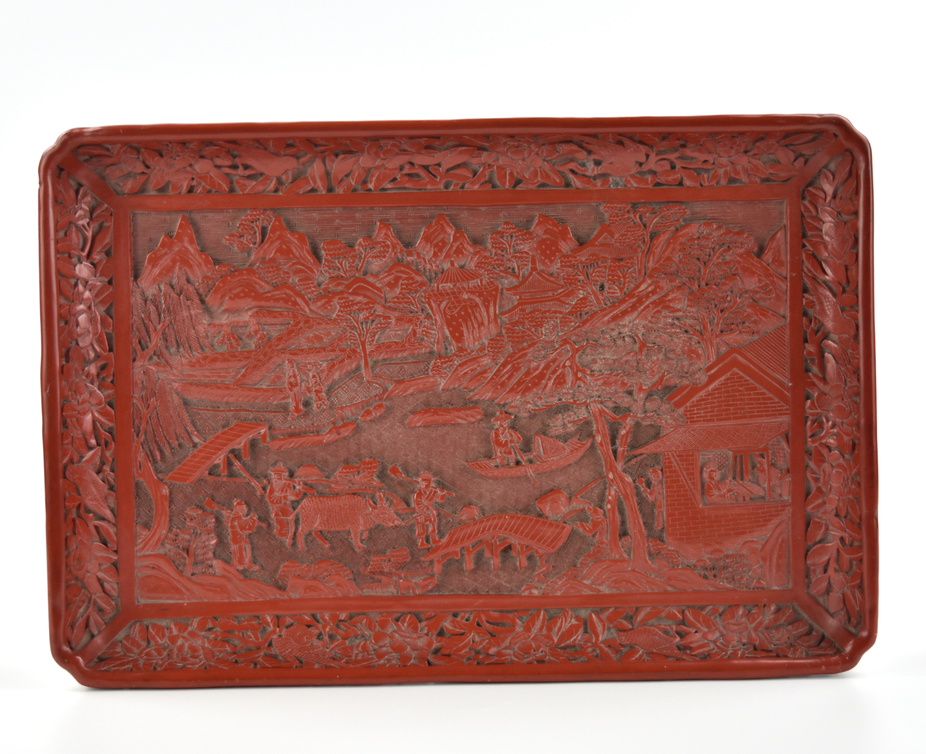 Chinese 19th C red lacquer tray in rectangular shaped decorated