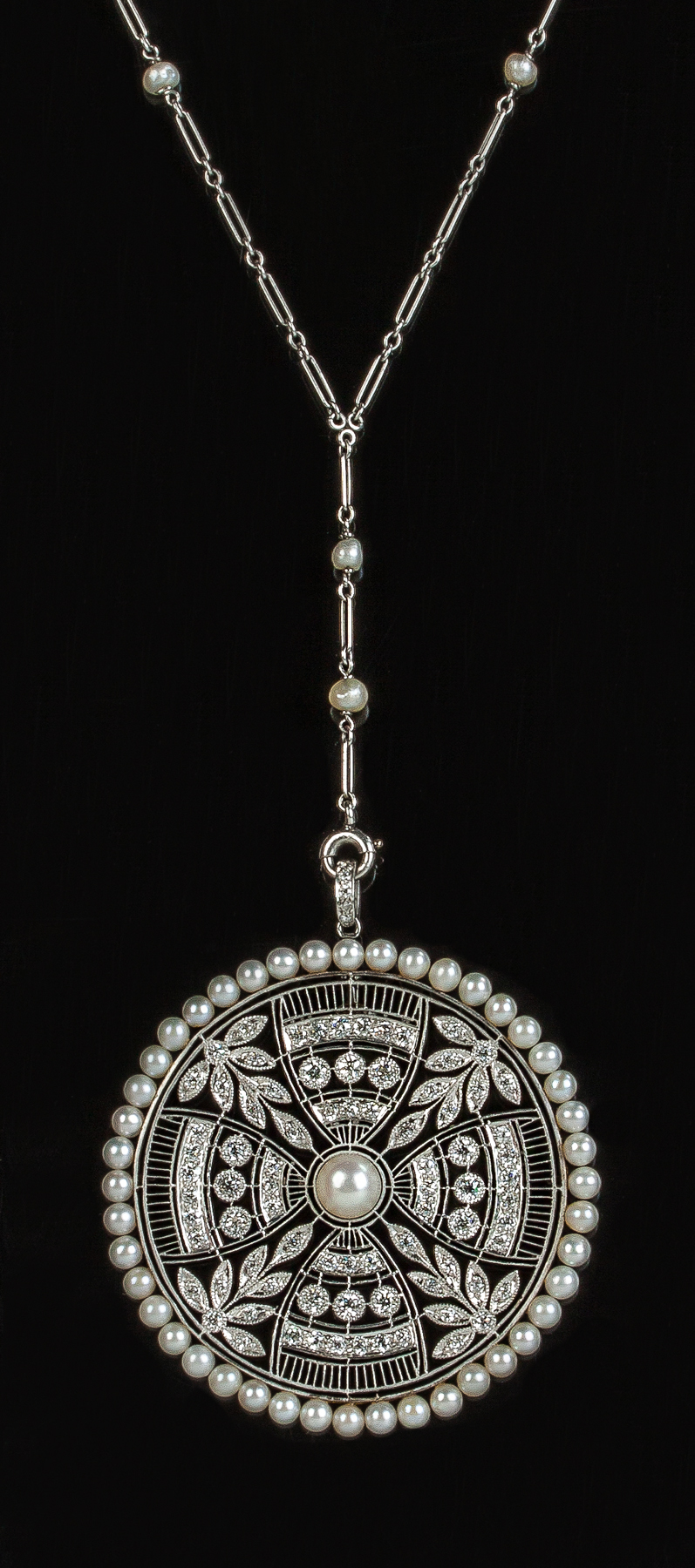 Platinum Diamond and Pearl Edwardian Era Y Chain Necklace 14