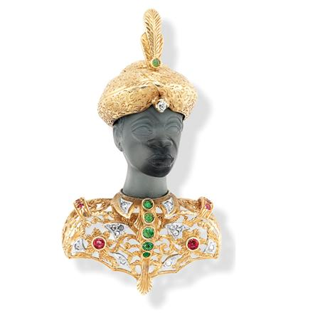 Gold Carved Agate Colored Stone and Diamond Blackamoor Clip Brooch