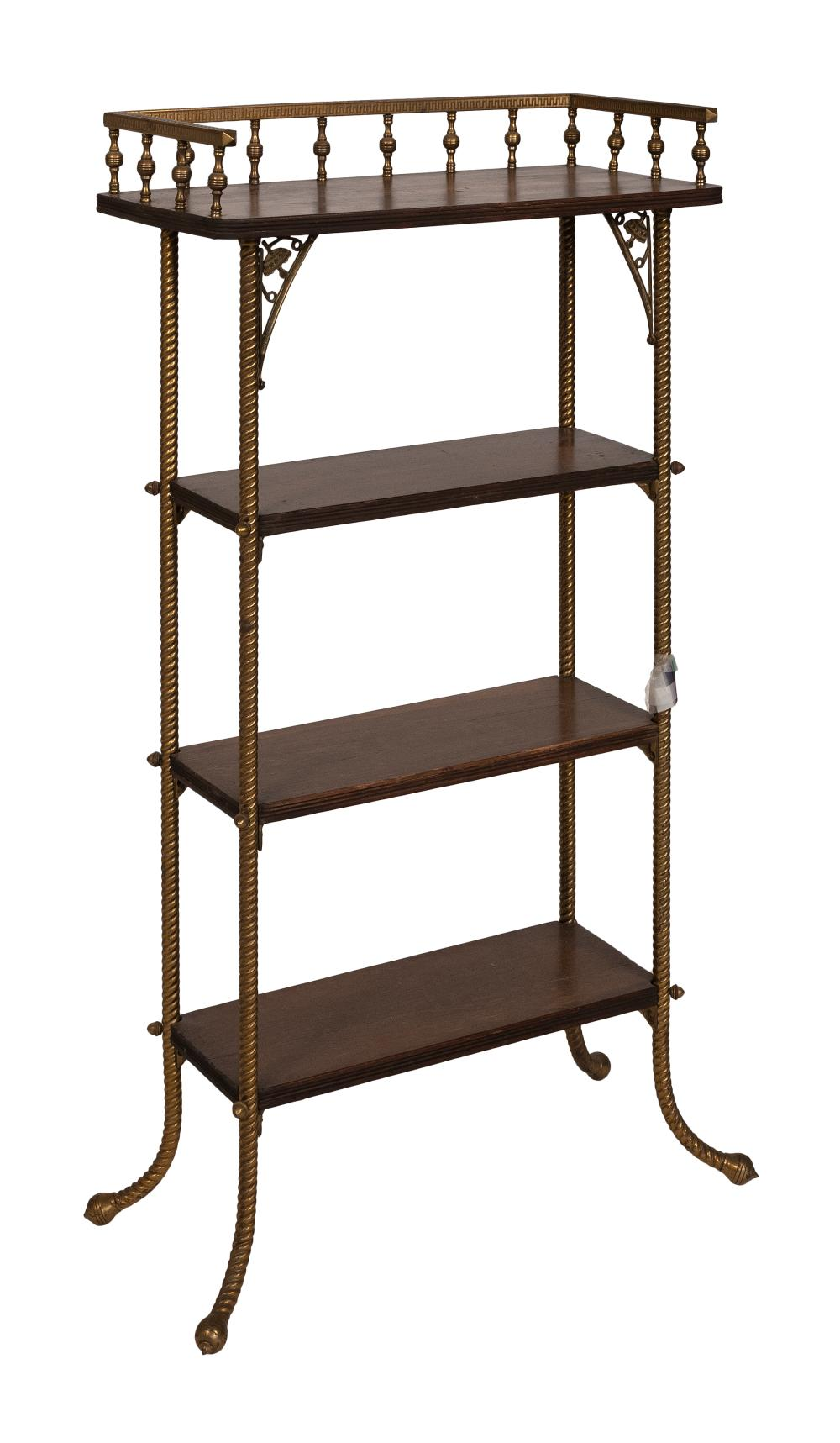 AESTHETIC DESIGN BRASS AND WALNUT BOOKSHELF LATE 19TH EARLY 20TH
