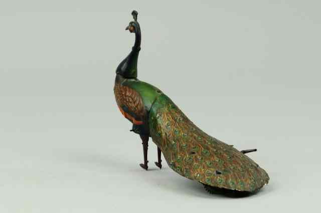 MECHANICAL WALKING PEACOCK Ebo Germany lithographed tin colorful peacock toy