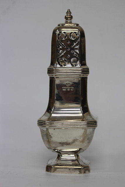 A SILVER SUGAR CASTER square outline with canted corners and