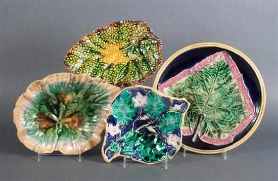 Majolica leaf form dish two similar leaf form dishes and