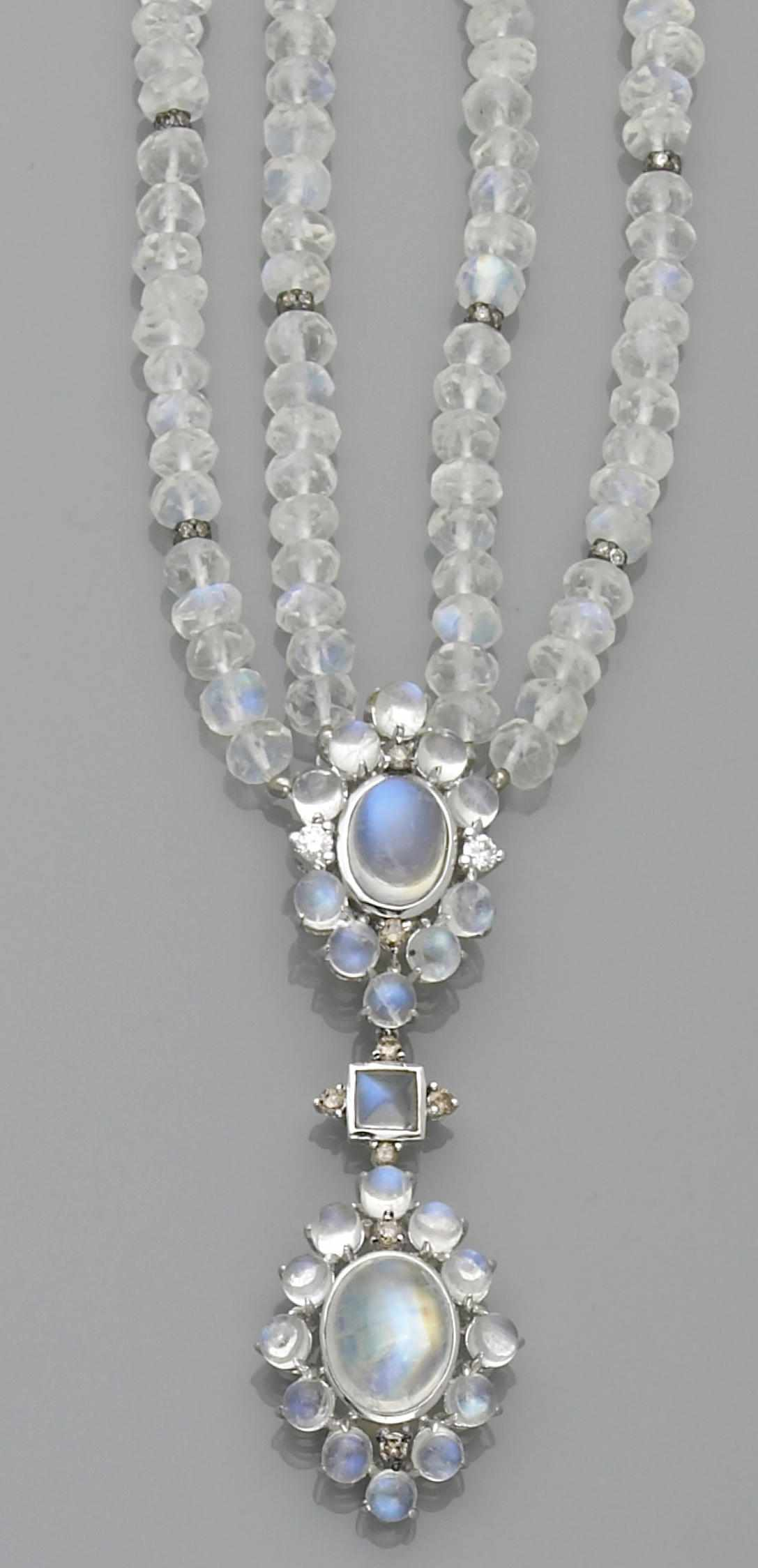Rainbow Moonstone and Diamond Sautoir Necklace Centering on a pendant