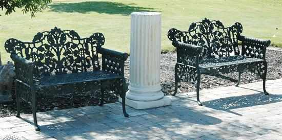 Pair painted cast iron garden benches black enamel leaf and