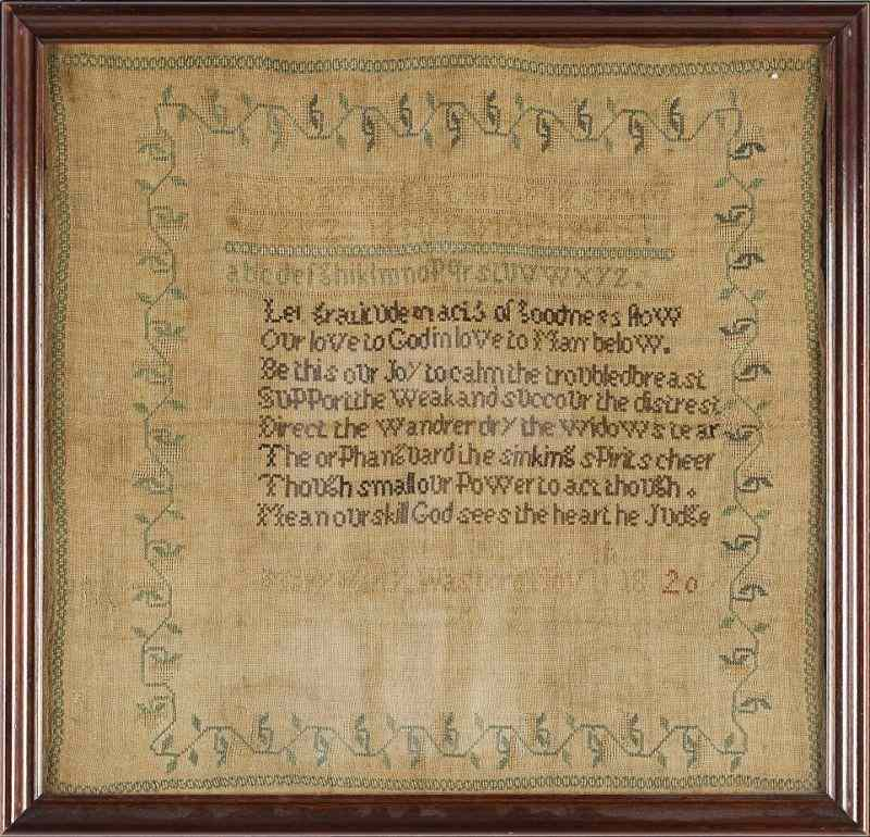 Southern Sampler 1820worked on open weave linen in multi colored