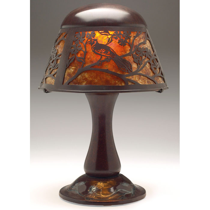 Exceptional Heintz lamp sterling on bronze base with applied flowering