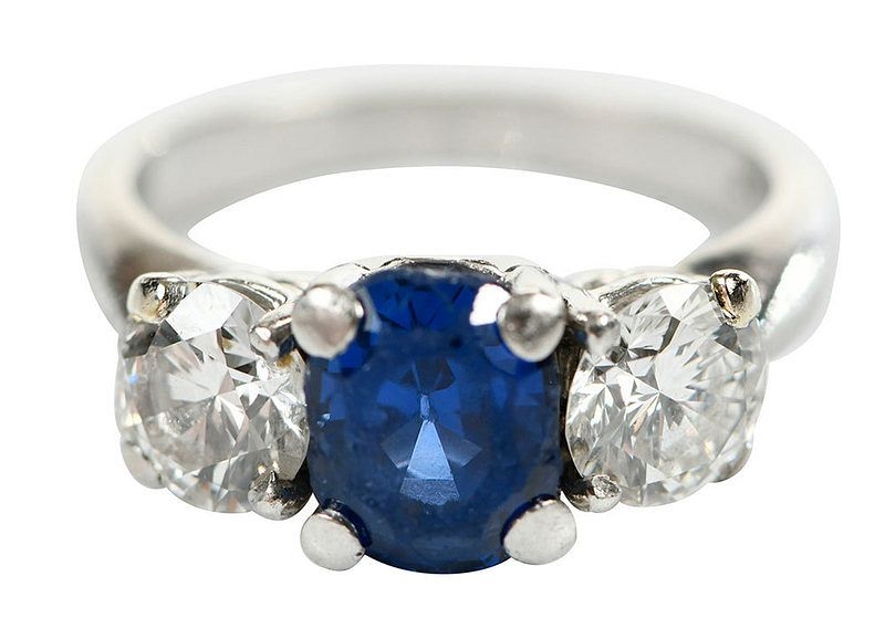 Platinum Sapphire Diamond Ring classic three stone ring center oval