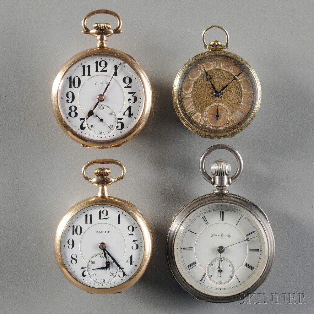 Four Illinois Open Face Pocket Watches all with nickel movements