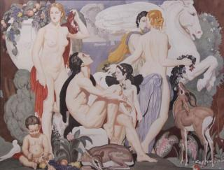 Large Art Deco Style Watercolor on Paper Classical Nudes and