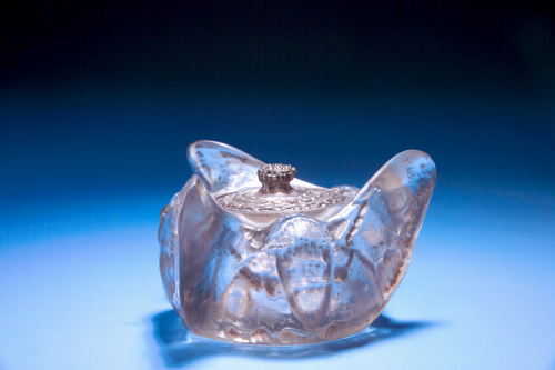 R LALIQUE Inkwell Trois Papillons clear and frosted with sepia