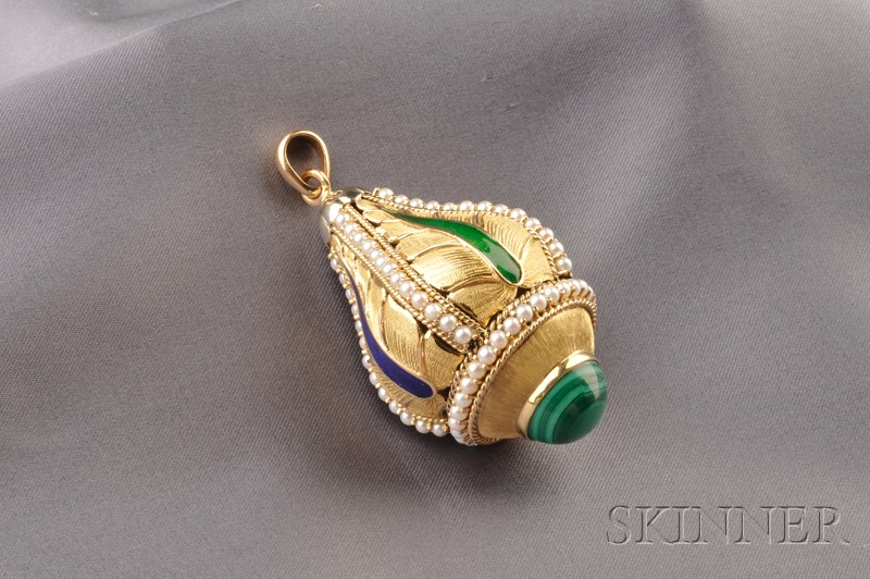18kt Gold Malachite Enamel and Seed Pearl Pendant the brushed