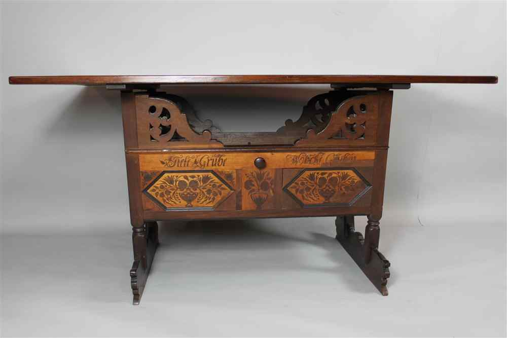 BAROQUE STYLE INLAID OAK AND FRUITWOOD TILT TOP DINING TABLE