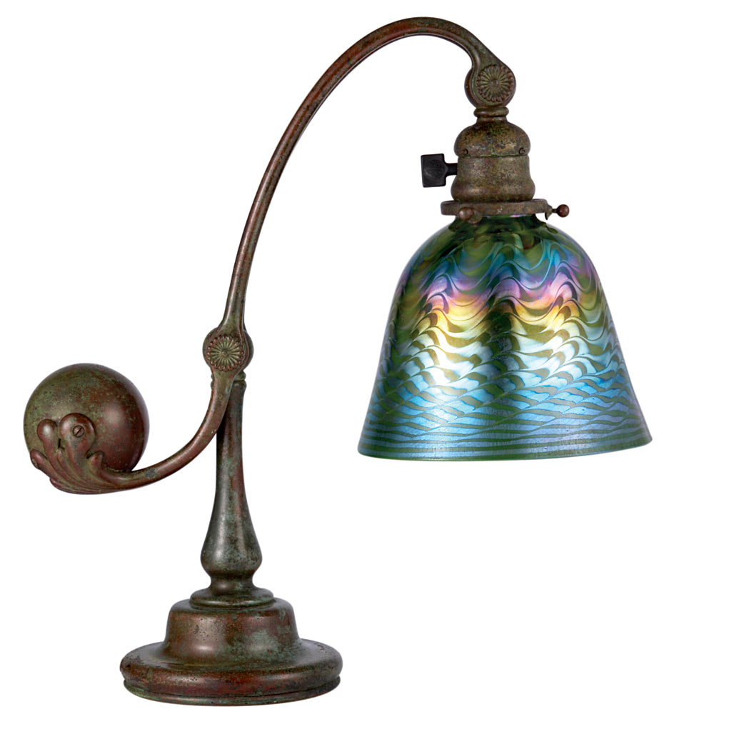2 Tiffany Studios Bronze and Favrile Glass Counterbalance Desk Lamp