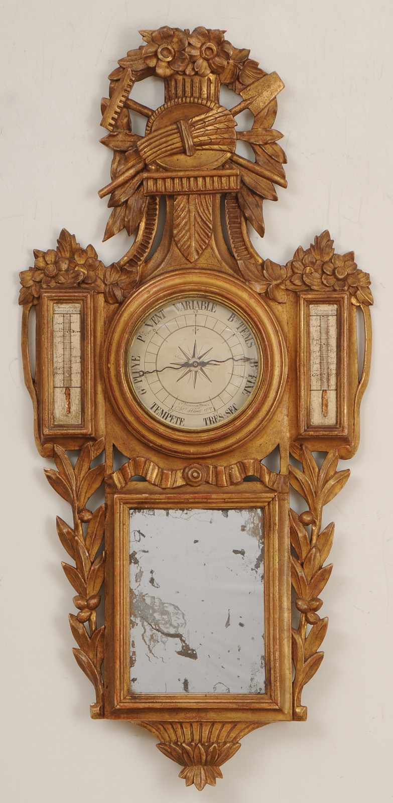 PROVINCIAL LOUIS XVI CARVED GILTWOOD BAROMETER THERMOMETER Signed Bourrassean Opt