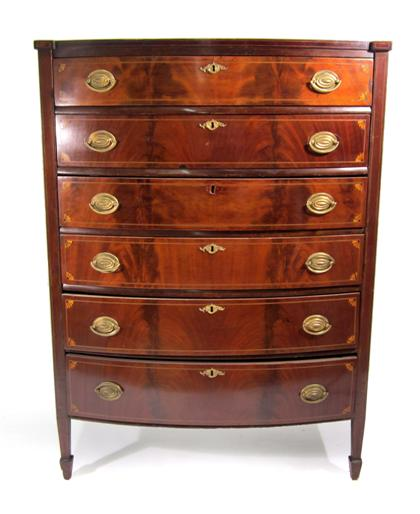 Federal inlaid mahogany tall chestRectangular top with bow front and