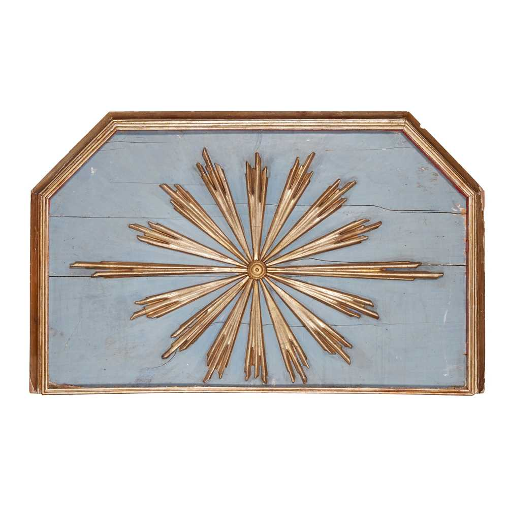 CONTINENTAL GILT AND PAINTED SUNBURST PANEL 18TH CENTURY the hexagonal