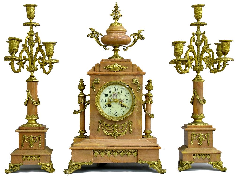 French pink marble and gilt mounted two train mantel clock