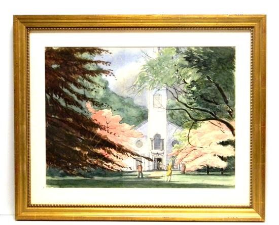 Charles Ernest Pont American 1898 1971 watercolor church scene surrounded