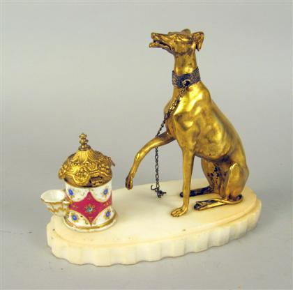 Continental gilt bronze porcelain and marble inkstand The gilt bronze