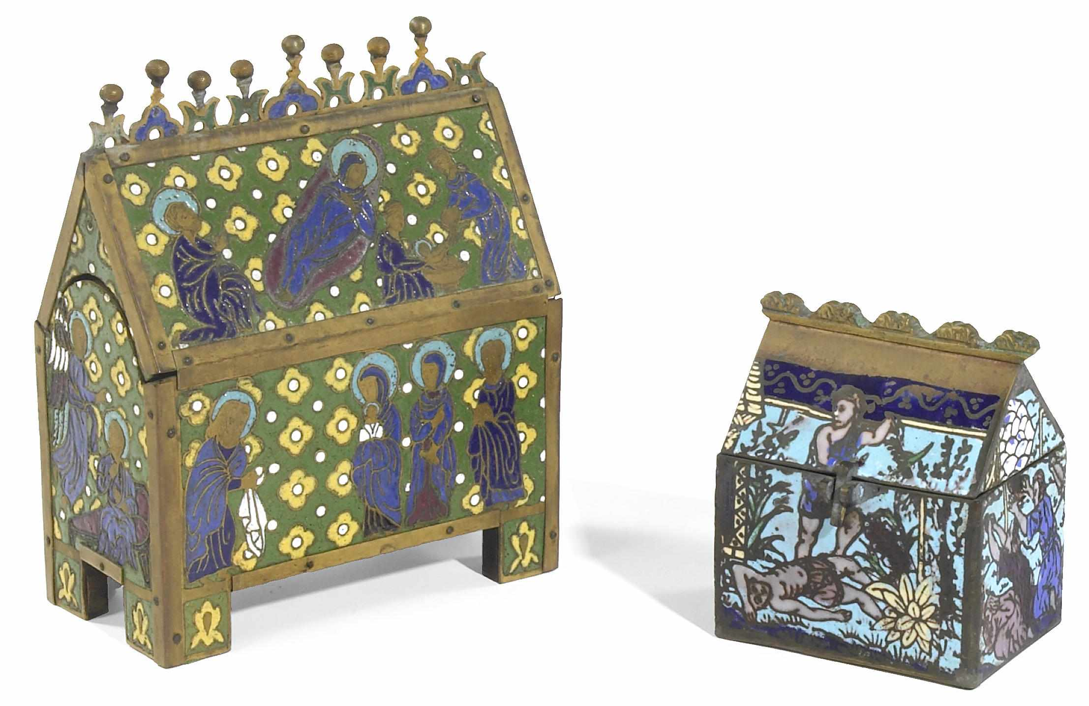 Two Gothic Revival brass and enamel caskets 19th century Each