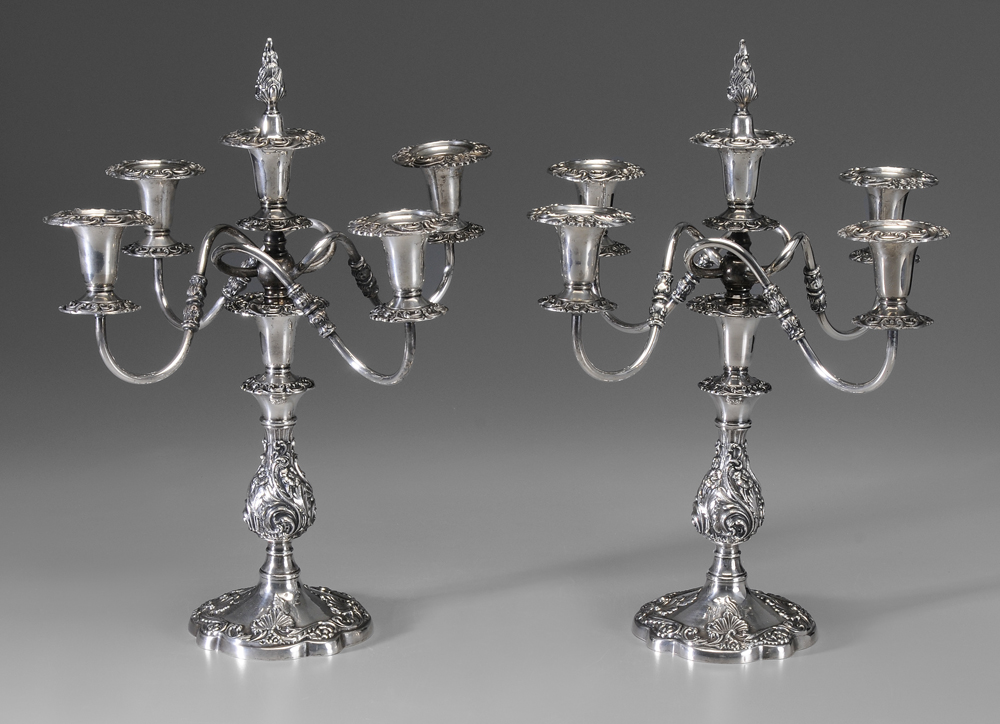 Pair Silver Plate Five Cup Candelabra American 20th century scroll