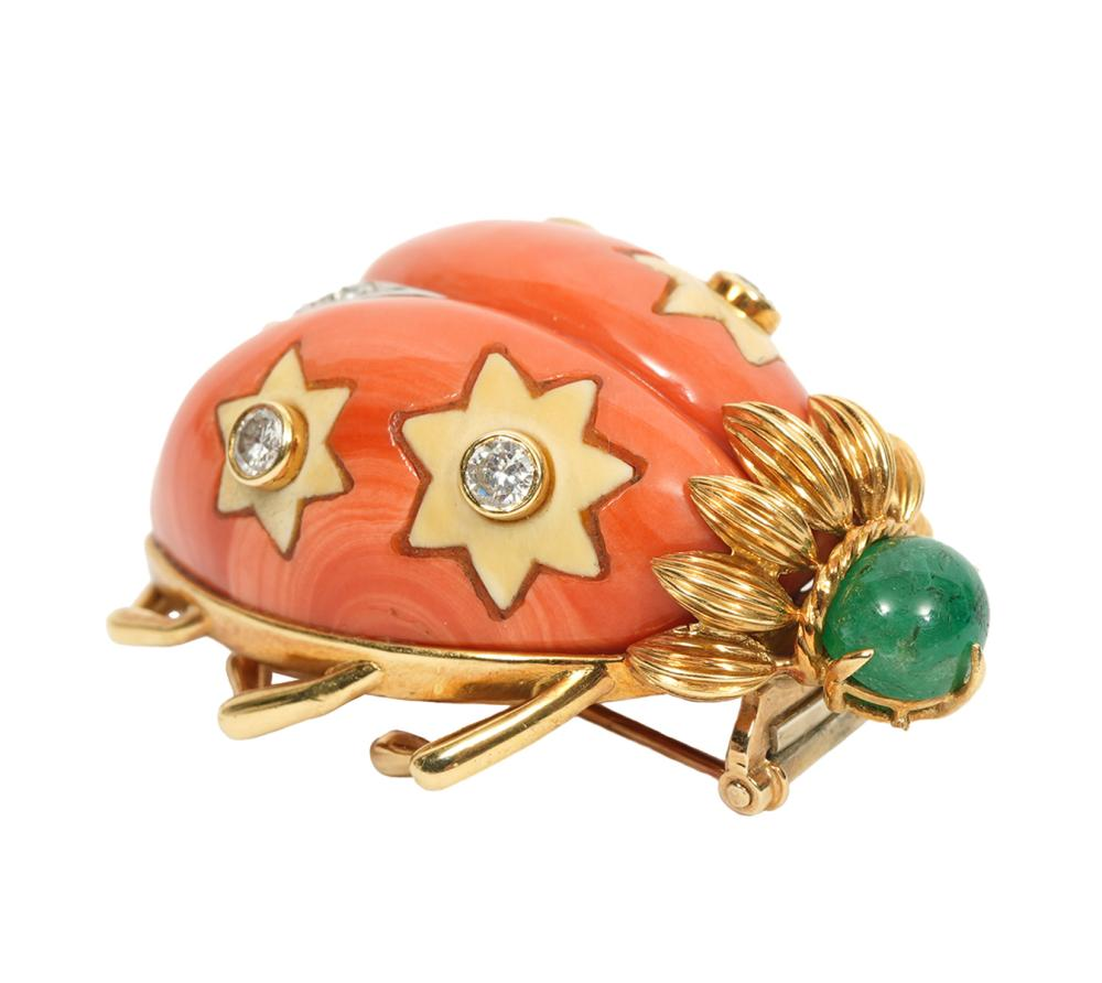 ESTATE DIAMOND CORAL EMERALD LADYBUG BROOCHEstate diamond coral and emerald