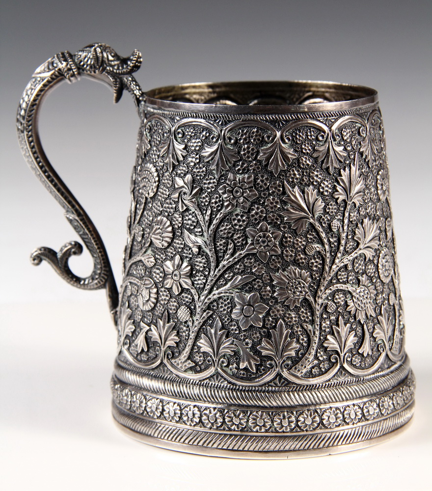PERSIAN SILVER TANKARD 19th c Indo Persian Repousse Decorated Silver