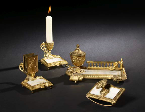 Four Piece French Gilt Brass and White Onyx Desk Set