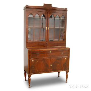 Federal Mahogany Veneer Glazed Desk Bookcase possibly Samuel Noyes Massachusetts